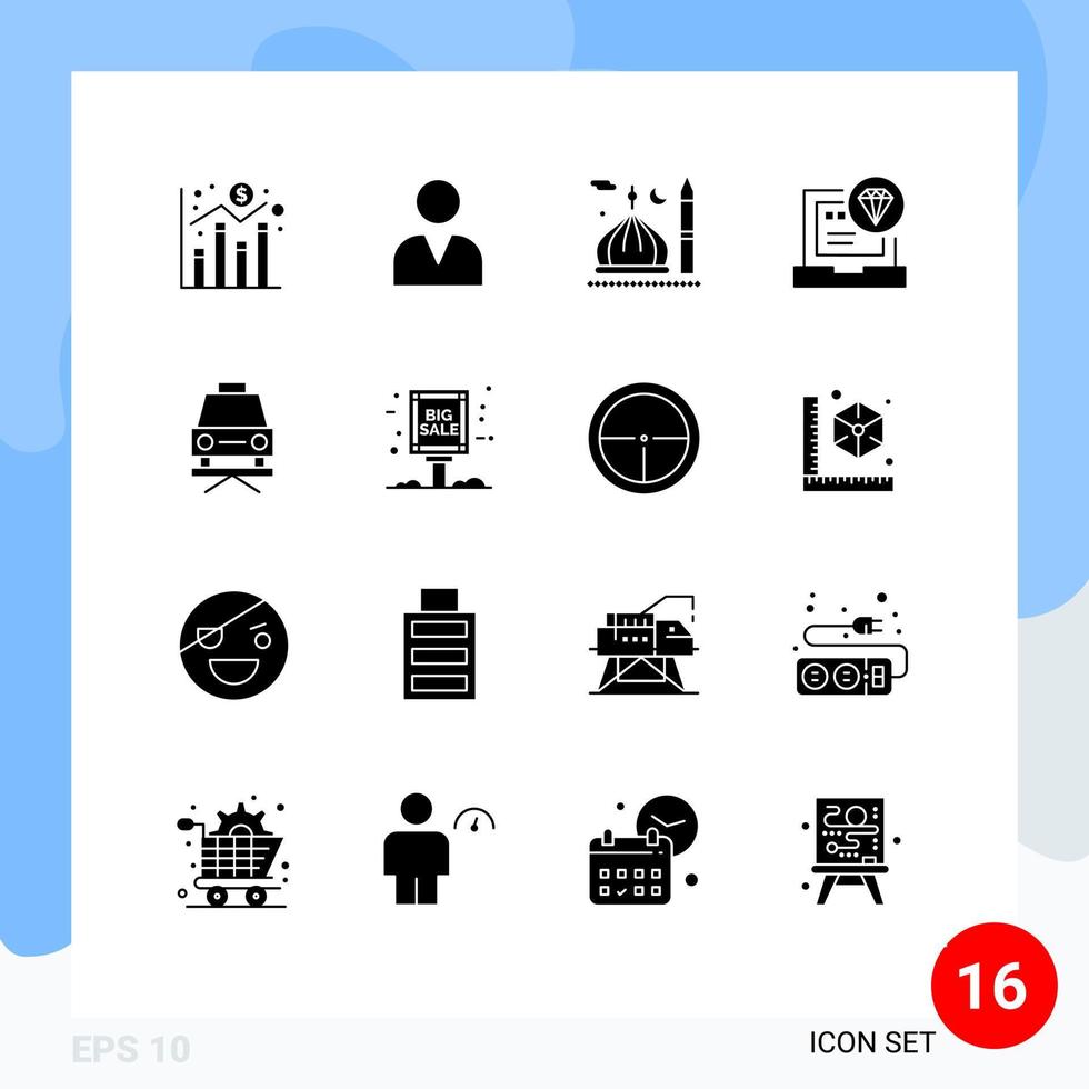 Set of 16 Commercial Solid Glyphs pack for car coding moon code app Editable Vector Design Elements