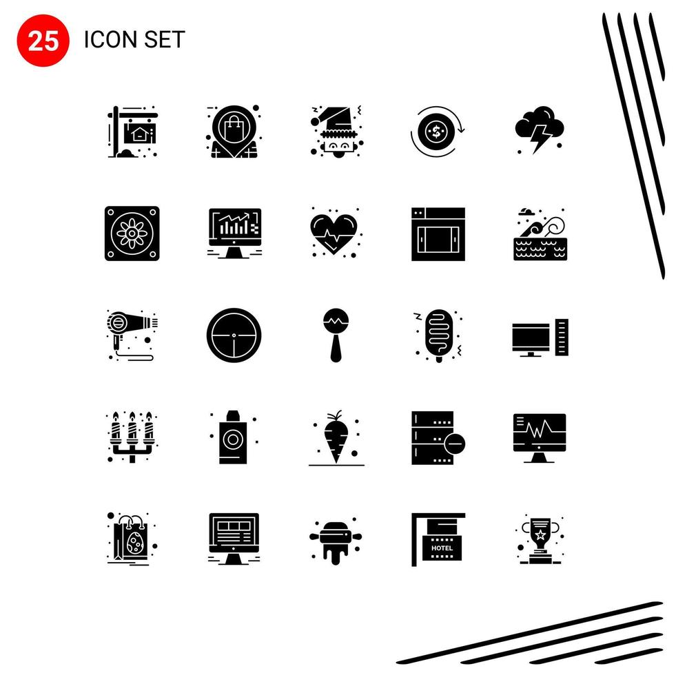 Mobile Interface Solid Glyph Set of 25 Pictograms of dollar flow store cash santa Editable Vector Design Elements