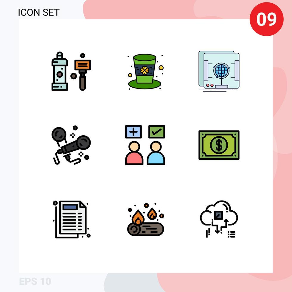 Pack of 9 Modern Filledline Flat Colors Signs and Symbols for Web Print Media such as answers party leprechaun microphone scanner Editable Vector Design Elements