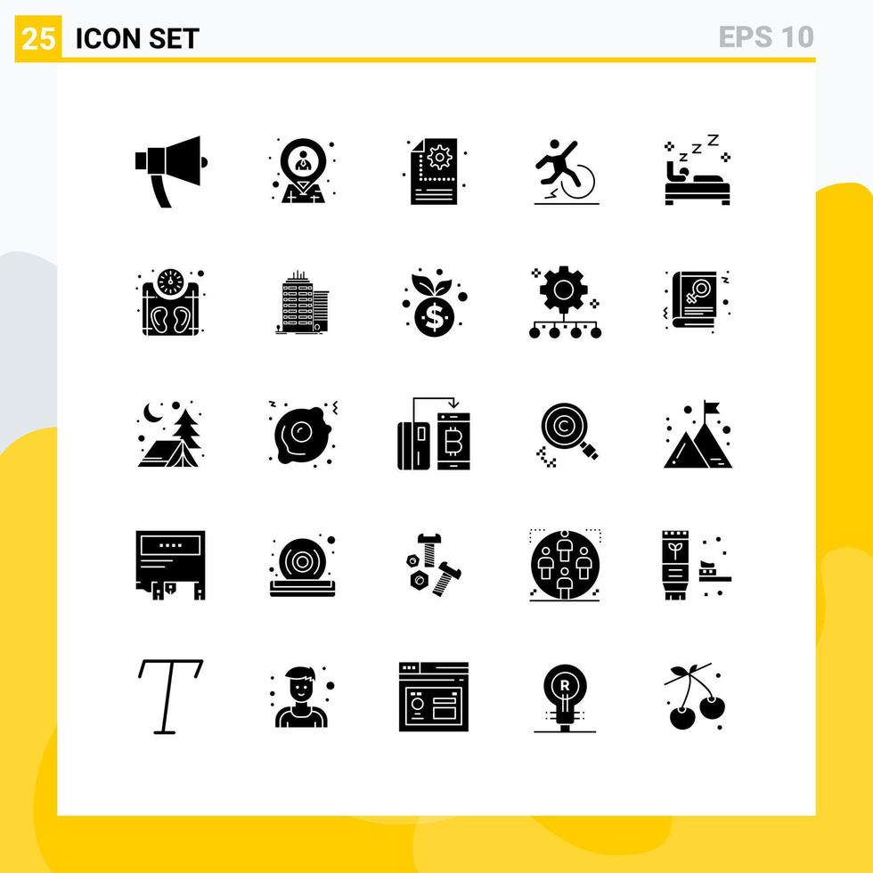 Group of 25 Modern Solid Glyphs Set for escape change location business gear Editable Vector Design Elements