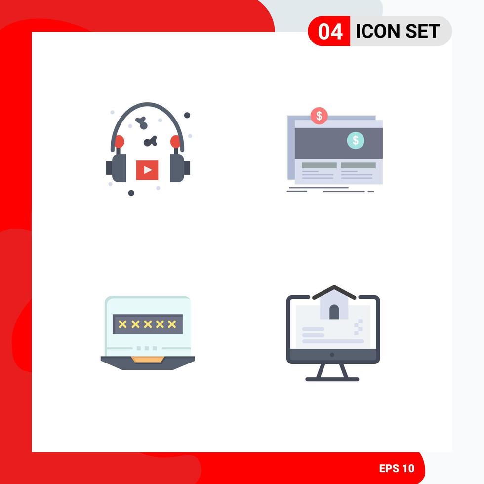 Modern Set of 4 Flat Icons Pictograph of hobbies laptop music fundraising louck Editable Vector Design Elements