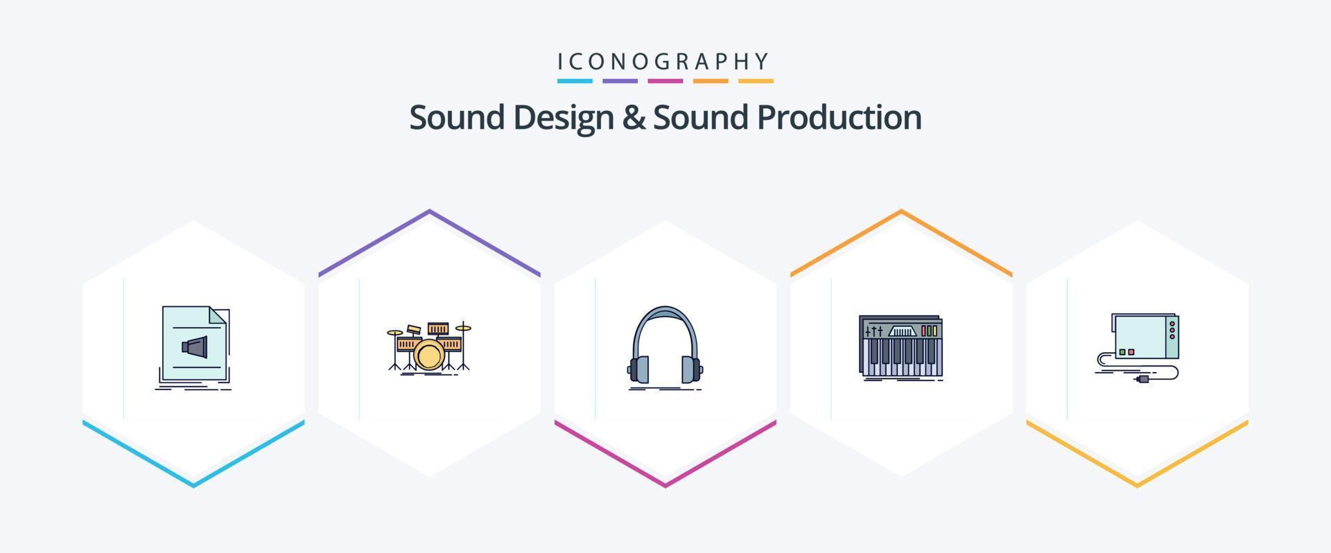Sound Design And Sound Production 25 FilledLine icon pack including keys. controller. kit. studio. headphones vector