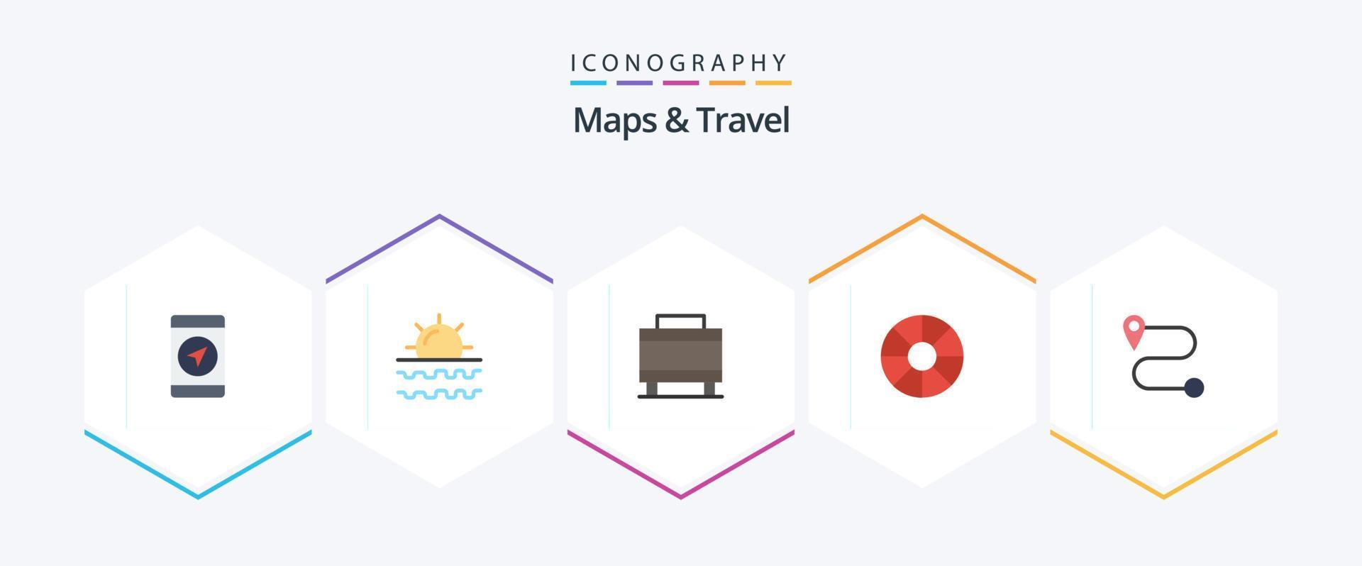 Paquete de 25 iconos planos de mapas y viajes que incluye . . equipaje. ruta. viajar vector