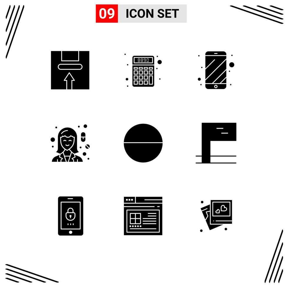 9 Universal Solid Glyphs Set for Web and Mobile Applications woman medicine money female electronic Editable Vector Design Elements