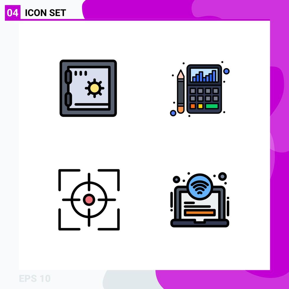 paquete de 4 signos y símbolos de colores planos de línea de relleno modernos para medios de impresión web, como elementos de diseño de vectores editables de objetivos de gráficos de contabilidad de cruces bancarias