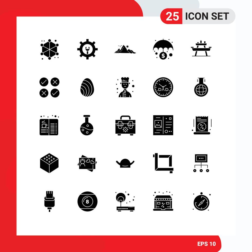 Group of 25 Modern Solid Glyphs Set for food protection landscape money banking Editable Vector Design Elements