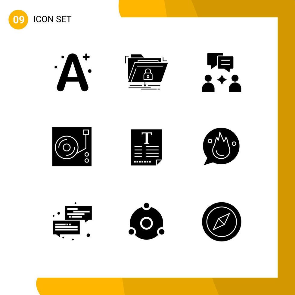 Set of 9 Commercial Solid Glyphs pack for text audio secure disk music Editable Vector Design Elements