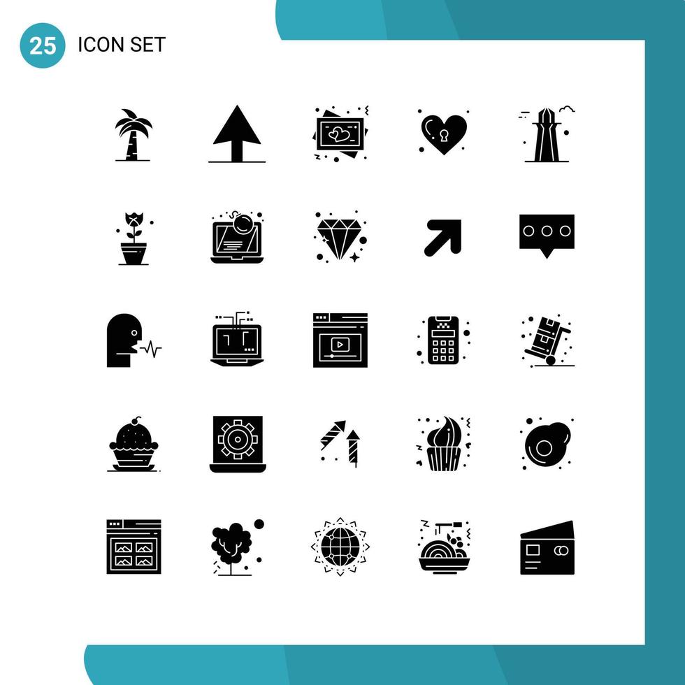 25 Thematic Vector Solid Glyphs and Editable Symbols of co tower lock frame love heart Editable Vector Design Elements