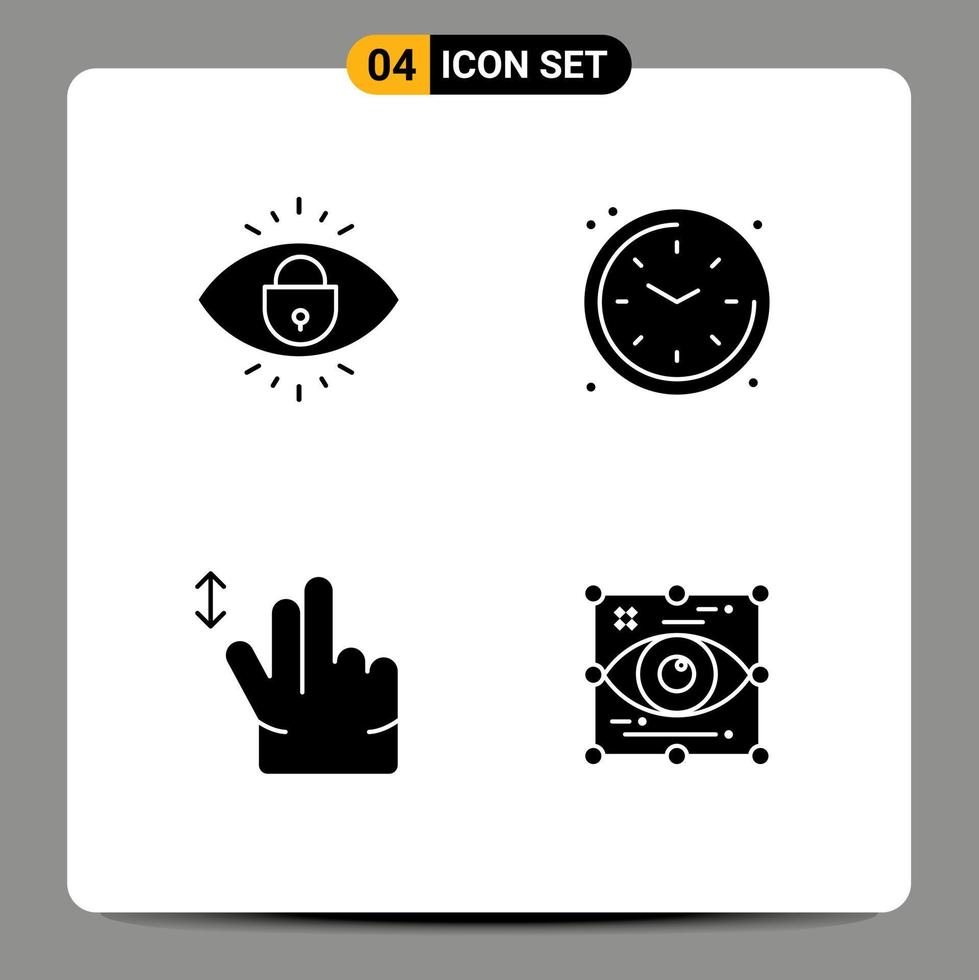 Set of 4 Commercial Solid Glyphs pack for eye hand lock time art Editable Vector Design Elements