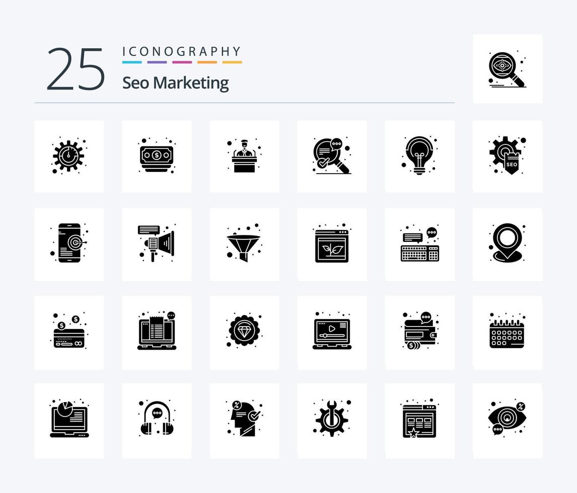 Seo Marketing 25 Solid Glyph icon pack including development. idea. training. creative. speech vector