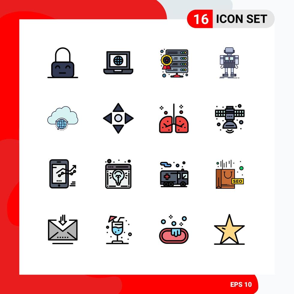 Pack of 16 creative Flat Color Filled Lines of network robotic database robot autonomous Editable Creative Vector Design Elements