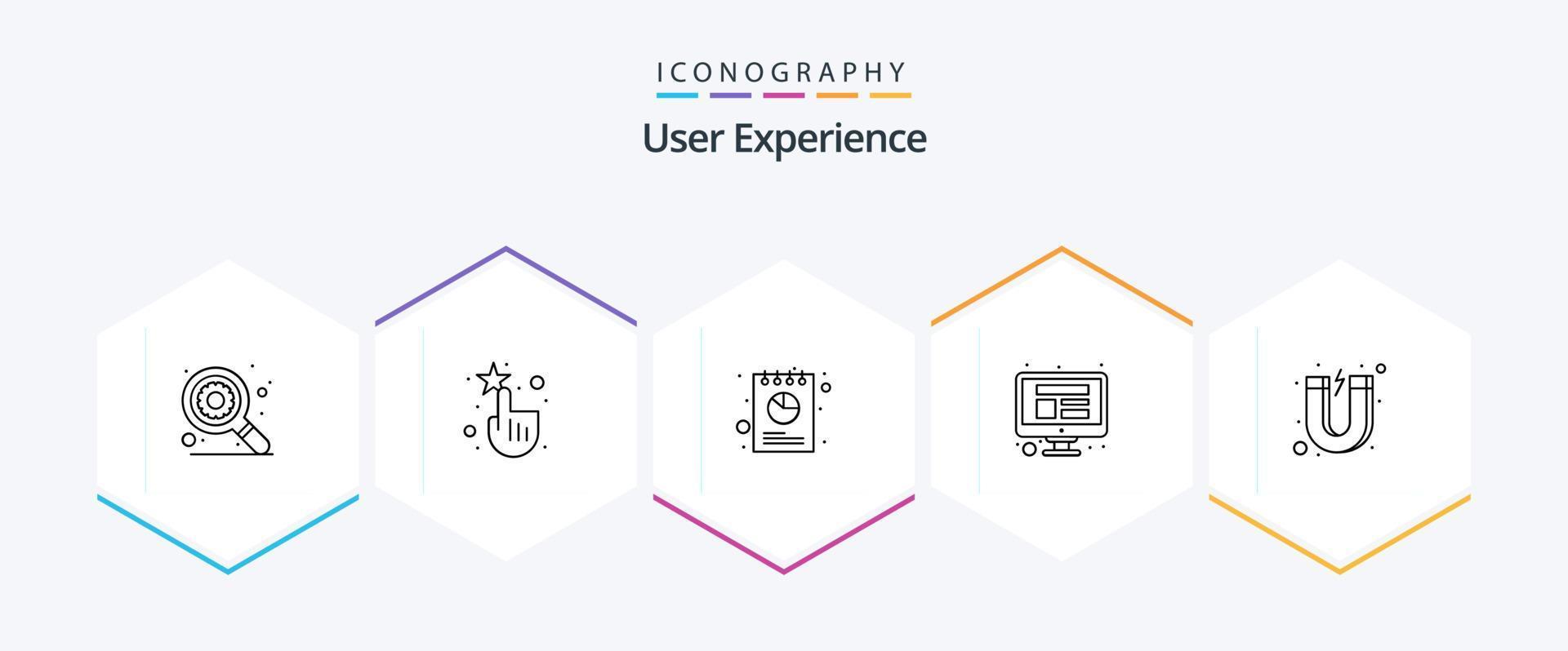 User Experience 25 Line icon pack including customer. attract. report. wireframe. computer vector