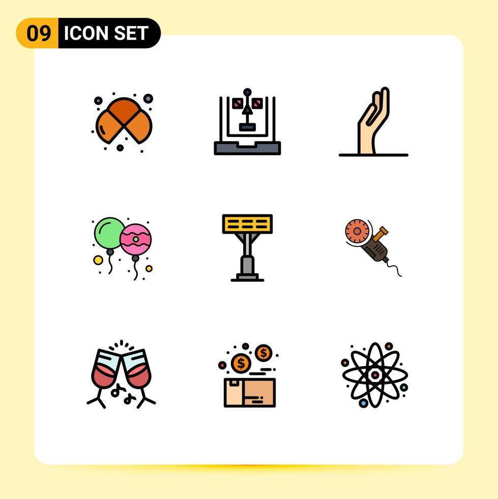9 Thematic Vector Filledline Flat Colors and Editable Symbols of construction holi flowchart decoration share Editable Vector Design Elements