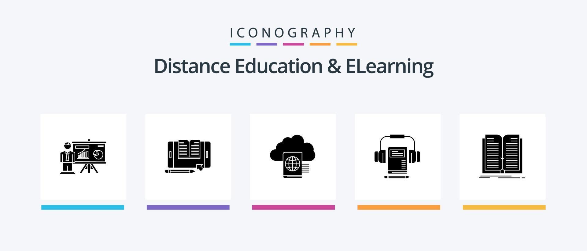 paquete de iconos de educación a distancia y elearning glyph 5 que incluye libro. audio. tableta. música. carpeta. diseño de iconos creativos vector