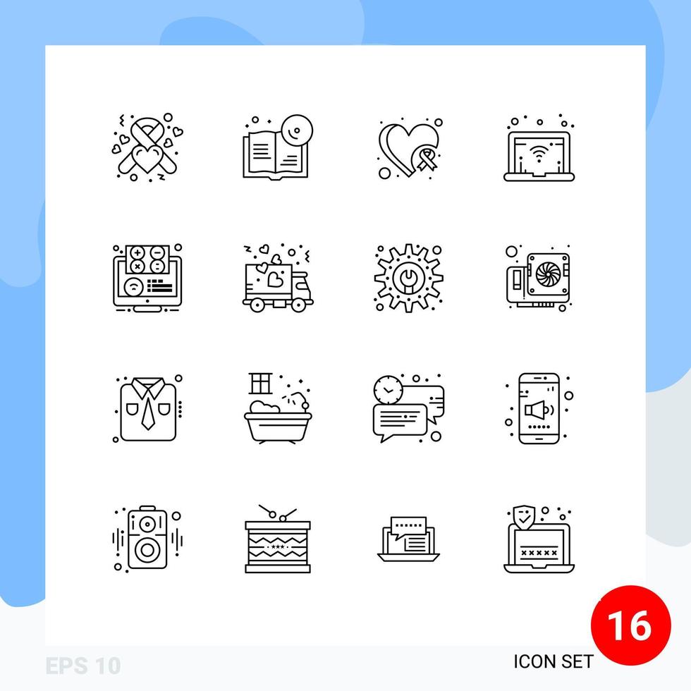 Mobile Interface Outline Set of 16 Pictograms of education e breast elearning network Editable Vector Design Elements