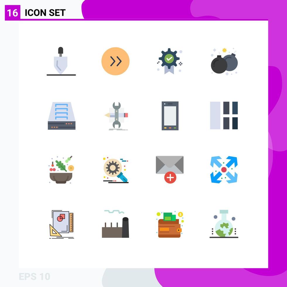 Editable Vector Line Pack of 16 Simple Flat Colors of drawer archive badge play fun Editable Pack of Creative Vector Design Elements