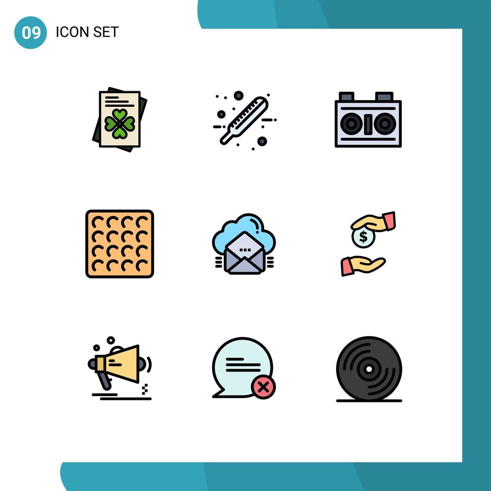 Modern Set of 9 Filledline Flat Colors and symbols such as data mail media cloud wafer Editable Vector Design Elements