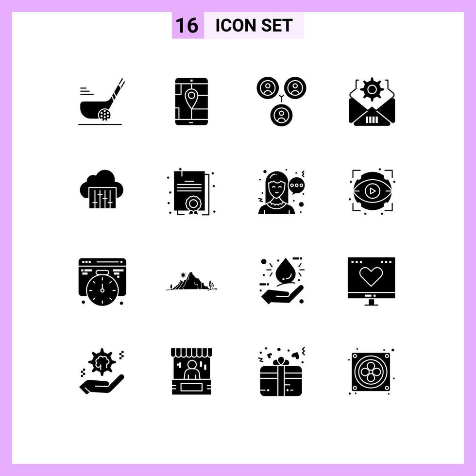 16 Universal Solid Glyph Signs Symbols of music cloud navigation gear mail Editable Vector Design Elements