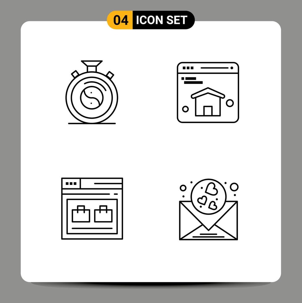 Mobile Interface Line Set of 4 Pictograms of clock web practice web bag Editable Vector Design Elements
