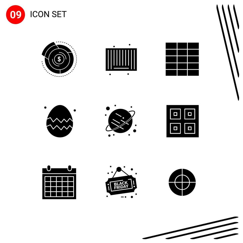 Pack of 9 creative Solid Glyphs of space planet shopping thanksgiving day egg Editable Vector Design Elements