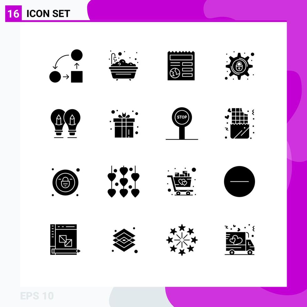 Pack of 16 creative Solid Glyphs of bulb security bathroom lock ui Editable Vector Design Elements