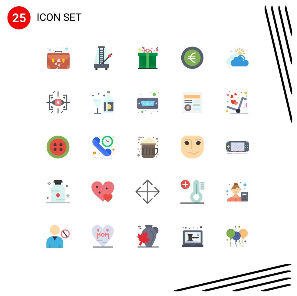 Flat Color Pack of 25 Universal Symbols of cloudy sign sound euro shopping Editable Vector Design Elements