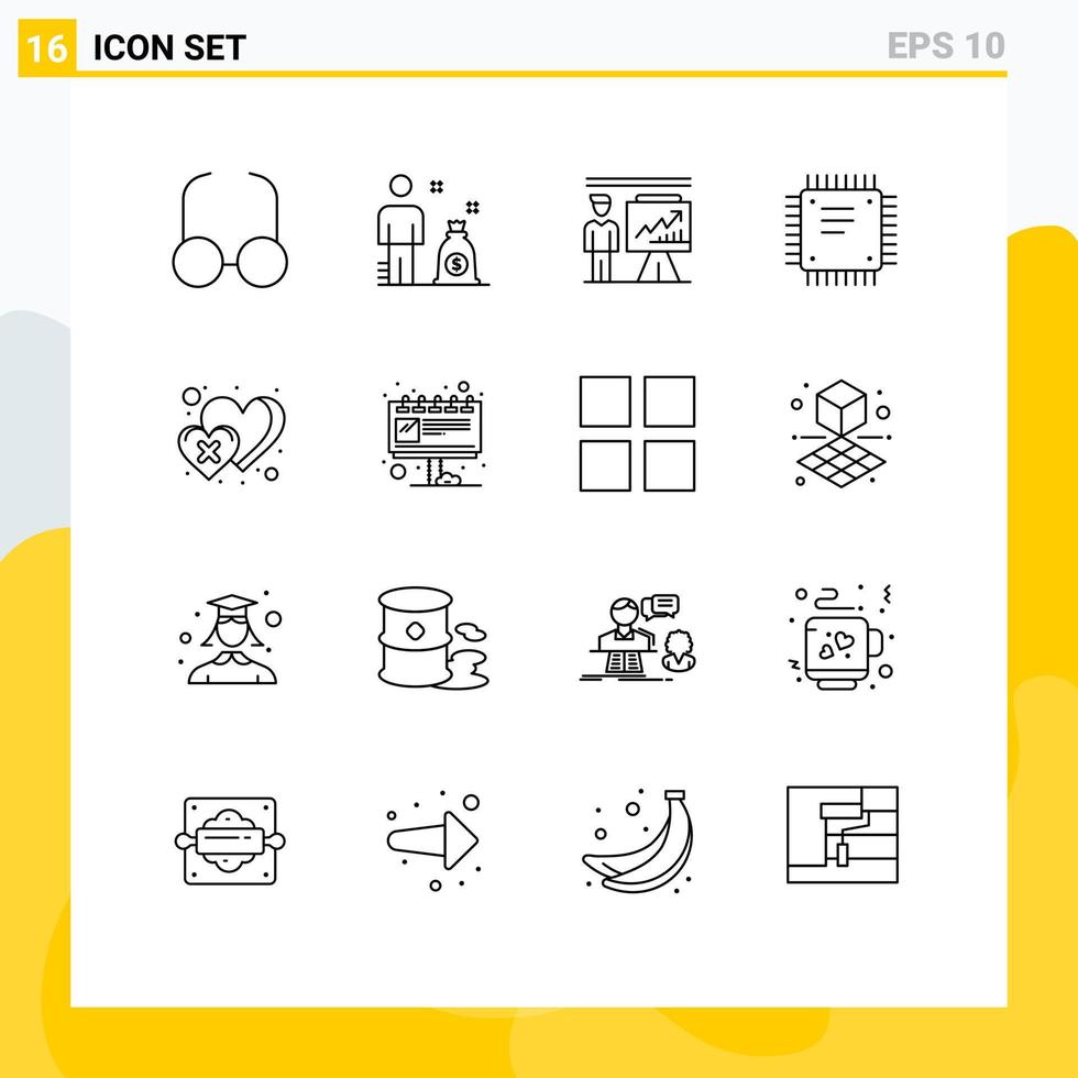Group of 16 Modern Outlines Set for heart processor presentation motherboard circuit board Editable Vector Design Elements
