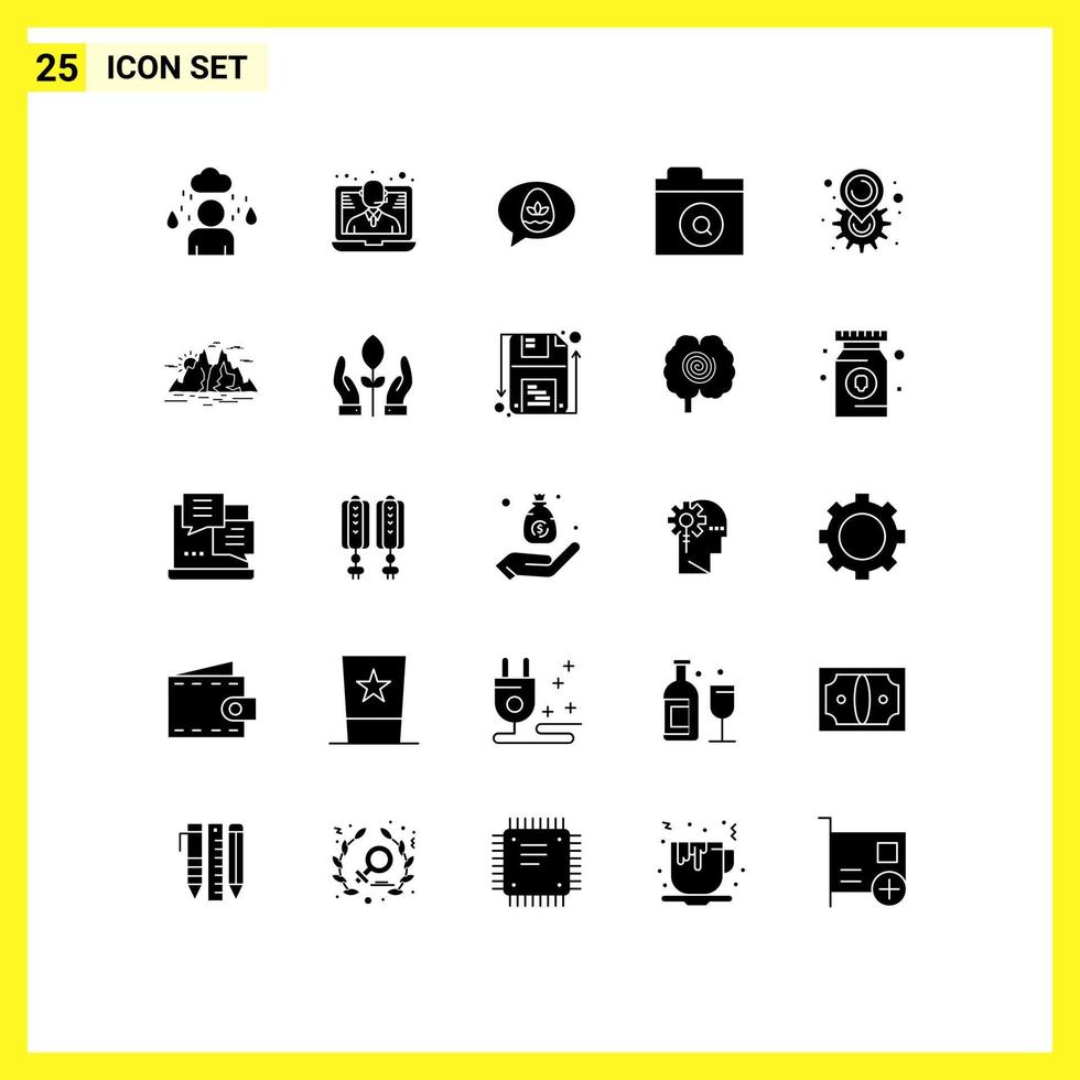 Group of 25 Solid Glyphs Signs and Symbols for setting location egg gear folder Editable Vector Design Elements
