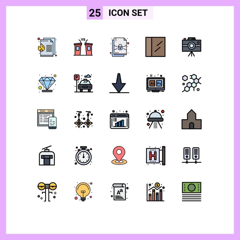 25 Thematic Vector Filled line Flat Colors and Editable Symbols of professional camera handycam speaker camcorder cocaine Editable Vector Design Elements