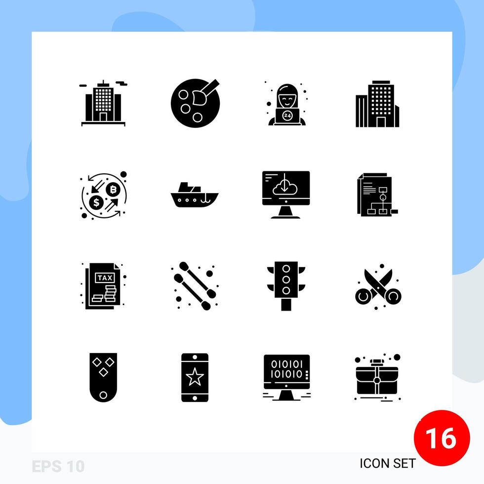 Set of 16 Vector Solid Glyphs on Grid for boat exchange technical currency exchange american Editable Vector Design Elements