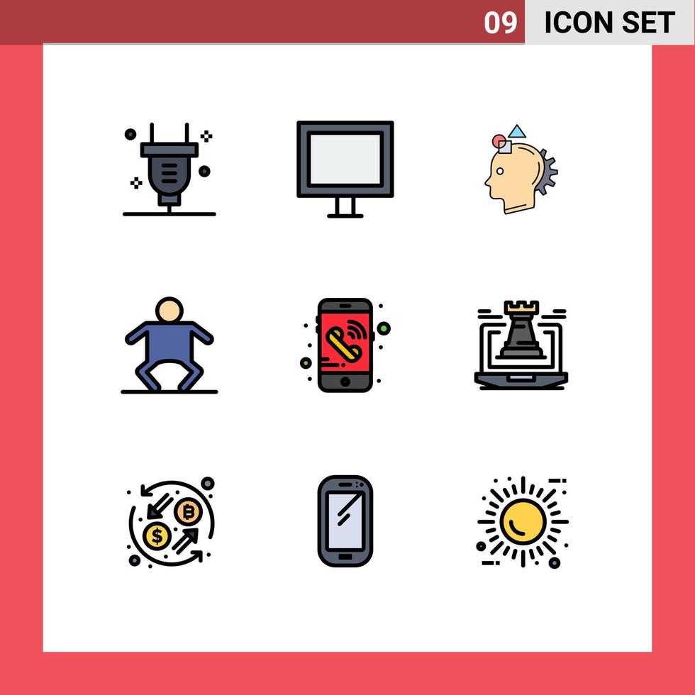 paquete de 9 signos y símbolos de colores planos de línea de relleno modernos para medios de impresión web, como elementos de diseño de vectores editables de procesos humanos de imaginación de niños móviles
