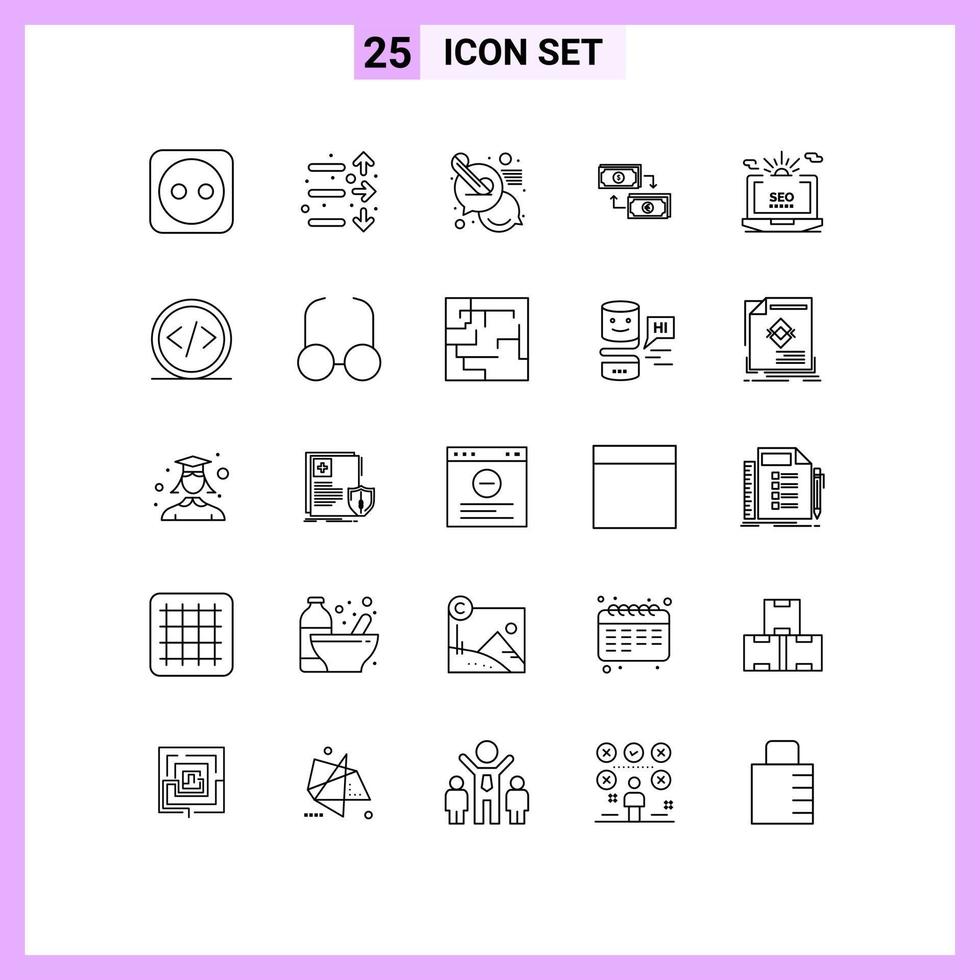 Editable Vector Line Pack of 25 Simple Lines of money finance chat euro business Editable Vector Design Elements