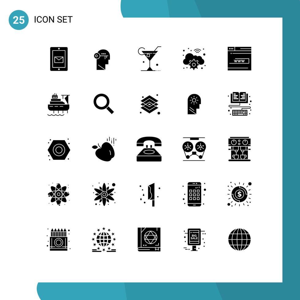 Solid Glyph Pack of 25 Universal Symbols of web wifi unlock gear spring Editable Vector Design Elements