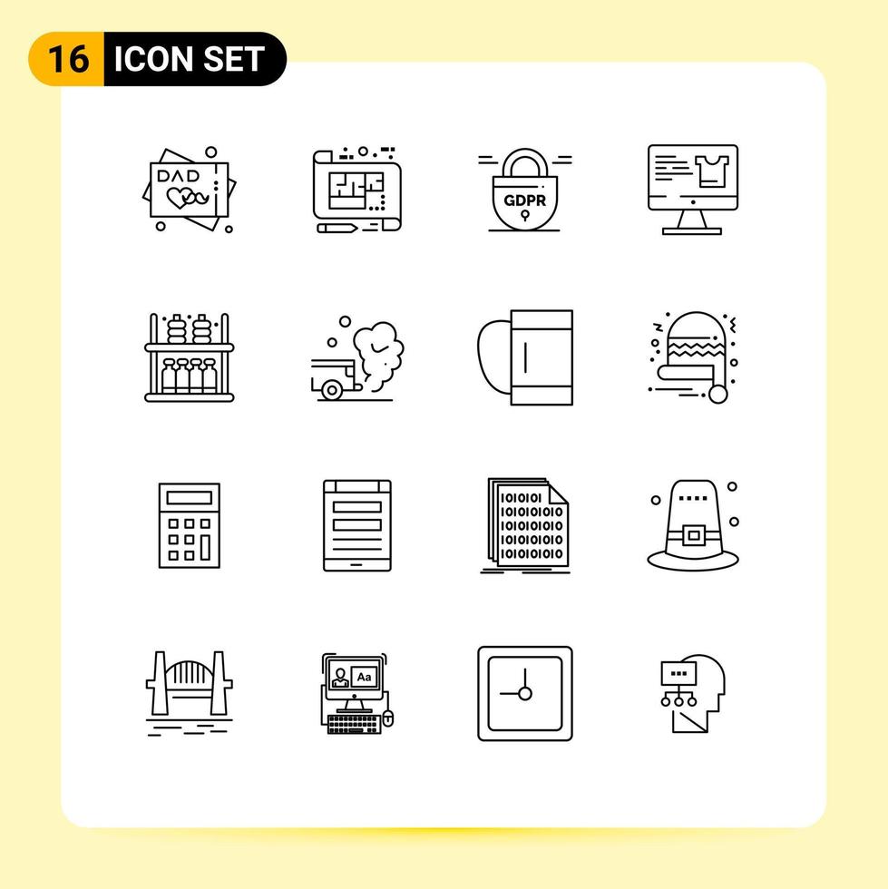 Pictogram Set of 16 Simple Outlines of goods shopping data monitor computer Editable Vector Design Elements