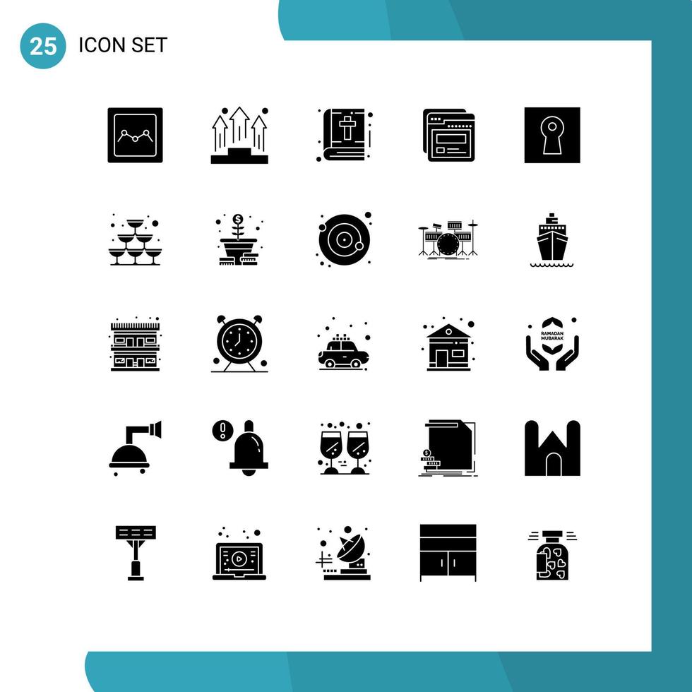 Group of 25 Modern Solid Glyphs Set for lock help bible web page Editable Vector Design Elements