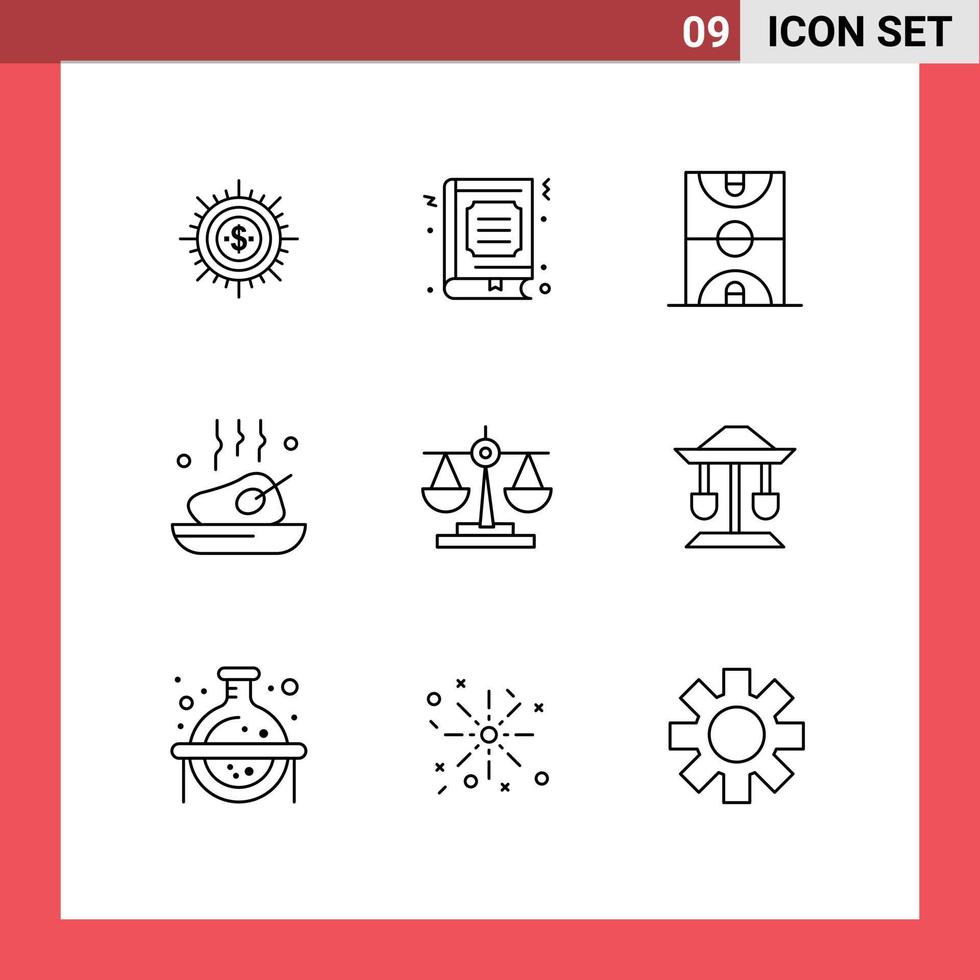 Pack of 9 Modern Outlines Signs and Symbols for Web Print Media such as chicken game bookmark court ball Editable Vector Design Elements