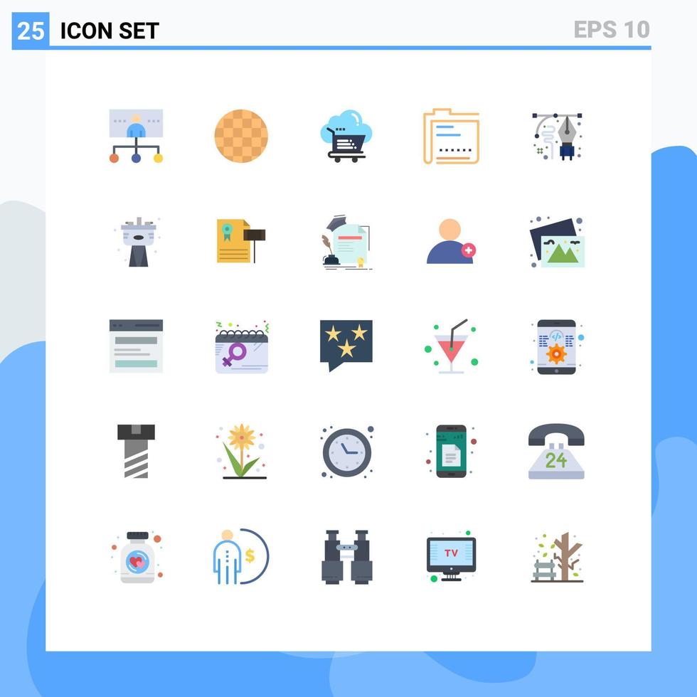 25 símbolos universales de signos de color plano de elementos de diseño vectorial editables de carro de contenido de compras de datos de archivo vector