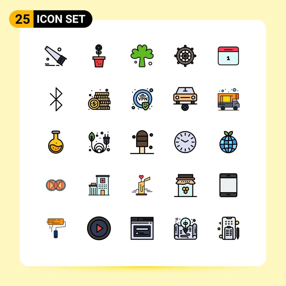 paquete de 25 modernos signos y símbolos de colores planos de línea rellena para medios de impresión web, como elementos de diseño de vectores editables de plantas de vacaciones de trébol de dirección de calendario