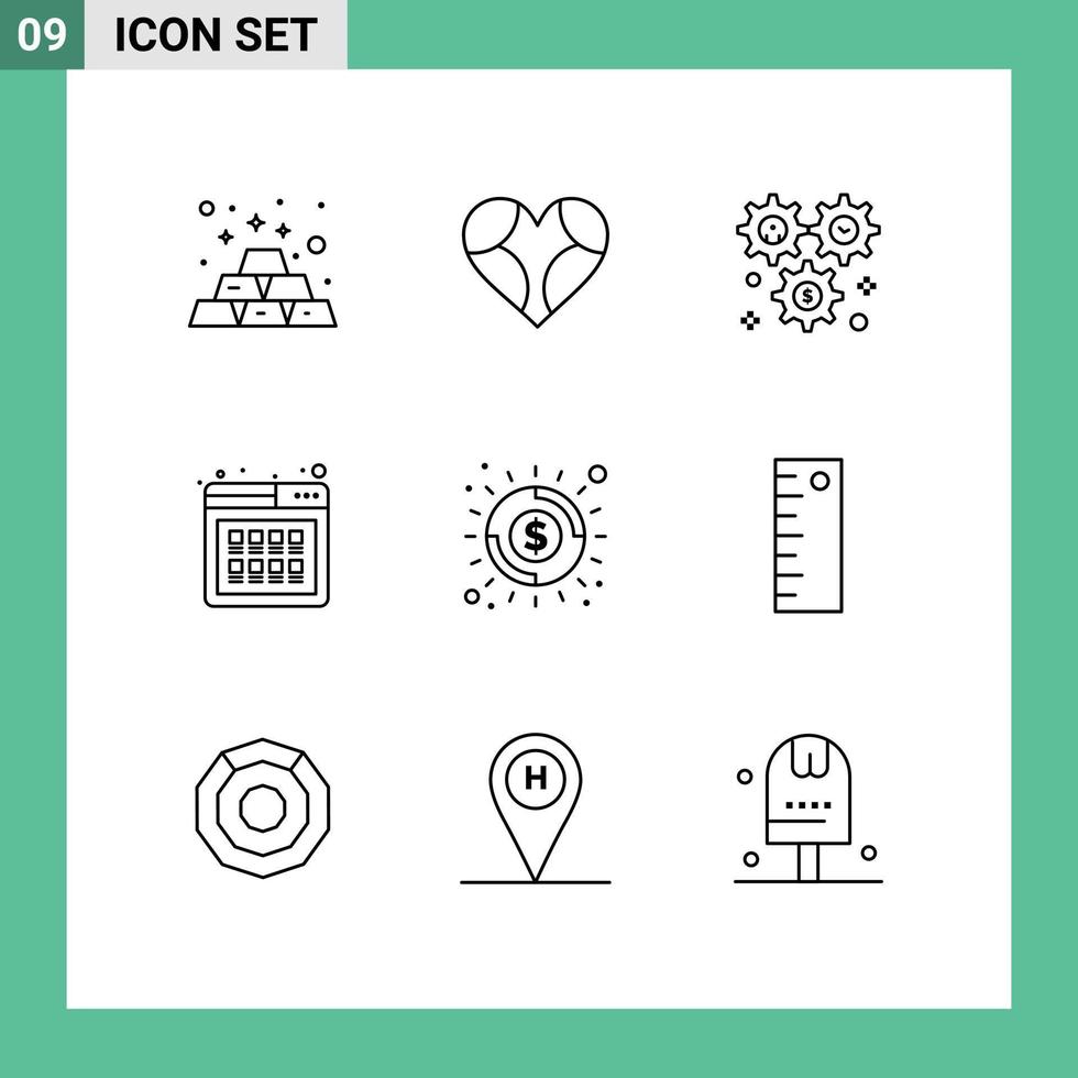 Modern Set of 9 Outlines and symbols such as purchase online romantic buy configuration Editable Vector Design Elements