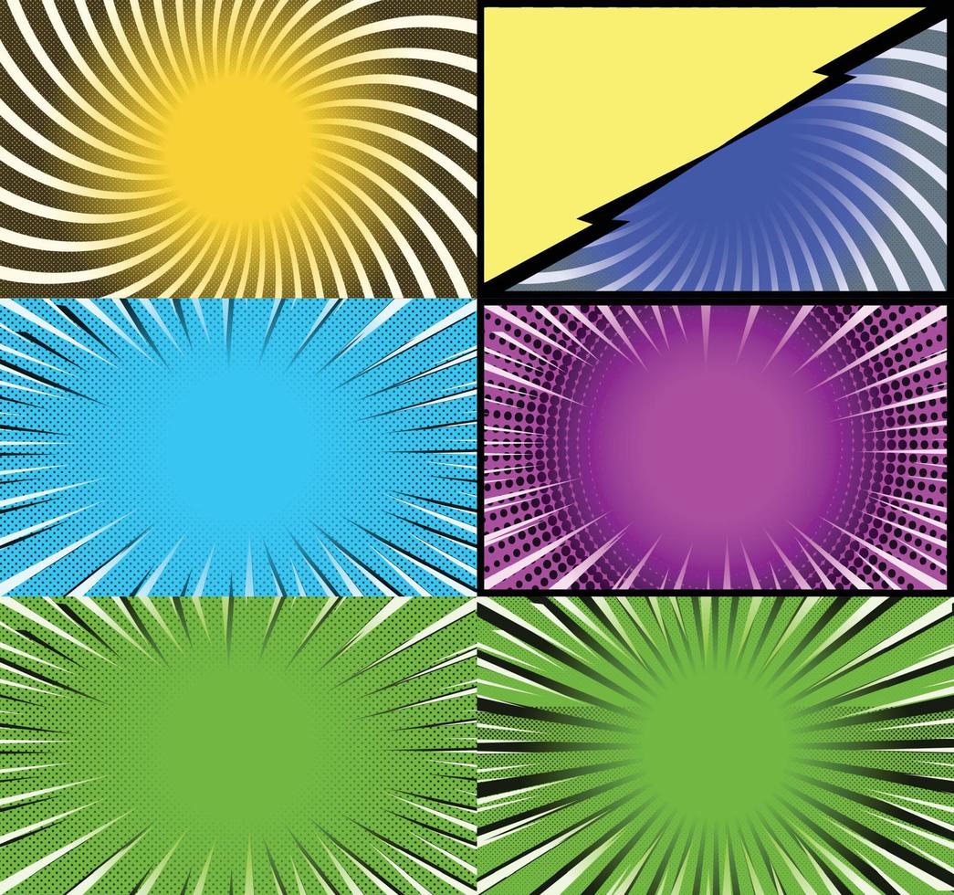 Comic book colorful frames background with halftone rays radial and dotted effects pop art style vector