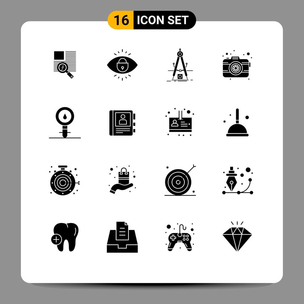 Universal Icon Symbols Group of 16 Modern Solid Glyphs of biochemistry photography design photo development Editable Vector Design Elements