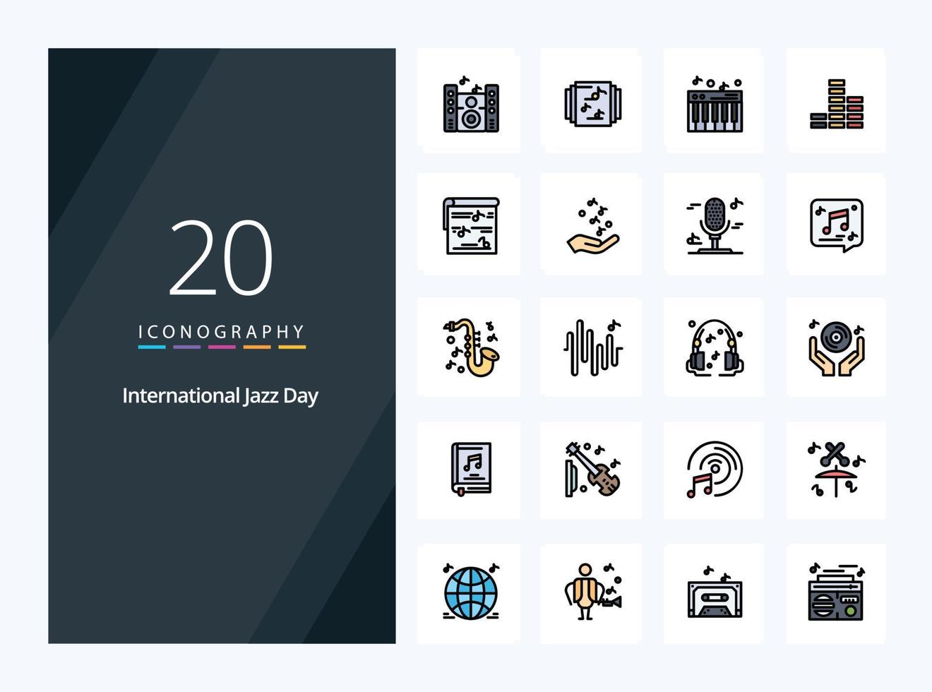 20 International Jazz Day line Filled icon for presentation vector