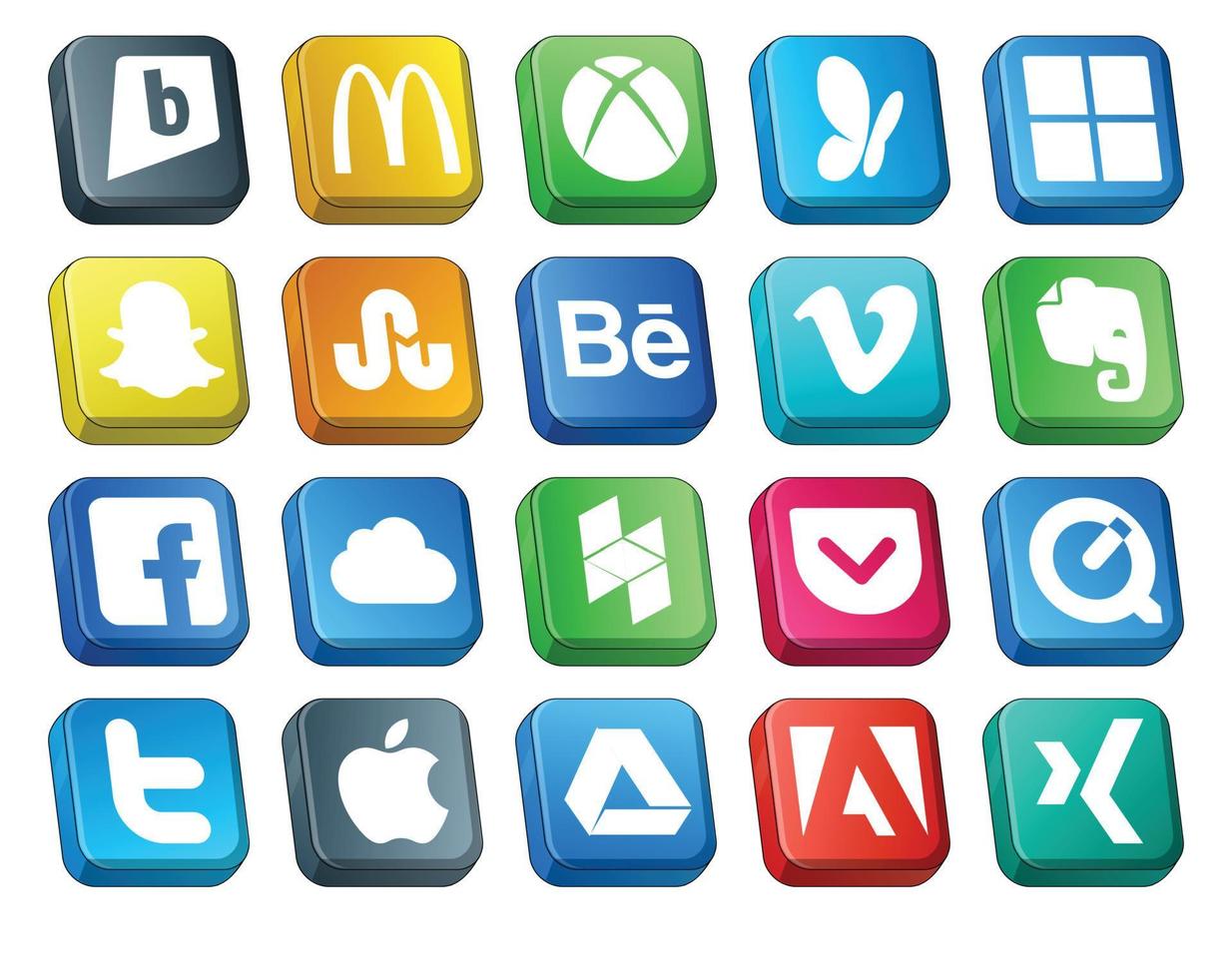 Paquete de 20 íconos de redes sociales que incluye tweet quicktime vimeo pocket icloud vector