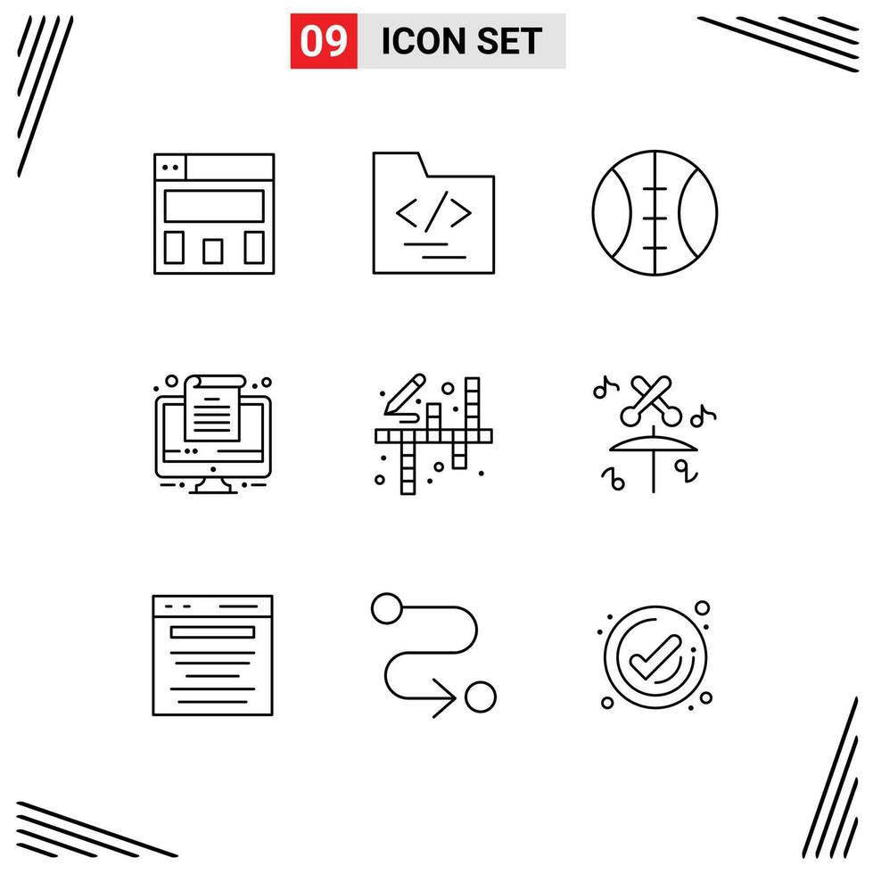 Modern Set of 9 Outlines Pictograph of advertising music document drum hobbies Editable Vector Design Elements