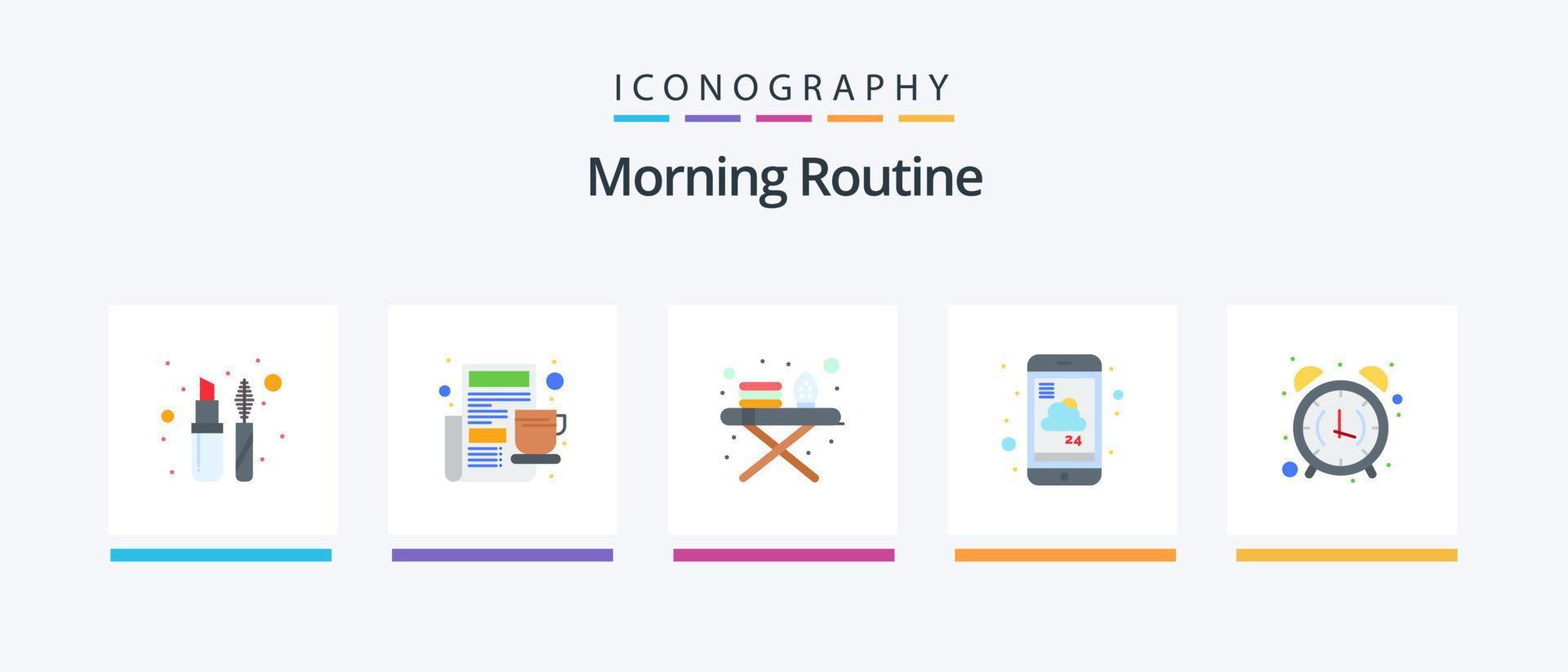 Morning Routine Flat 5 Icon Pack Including alarm clock. weather. ironing board. service. mobile. Creative Icons Design vector