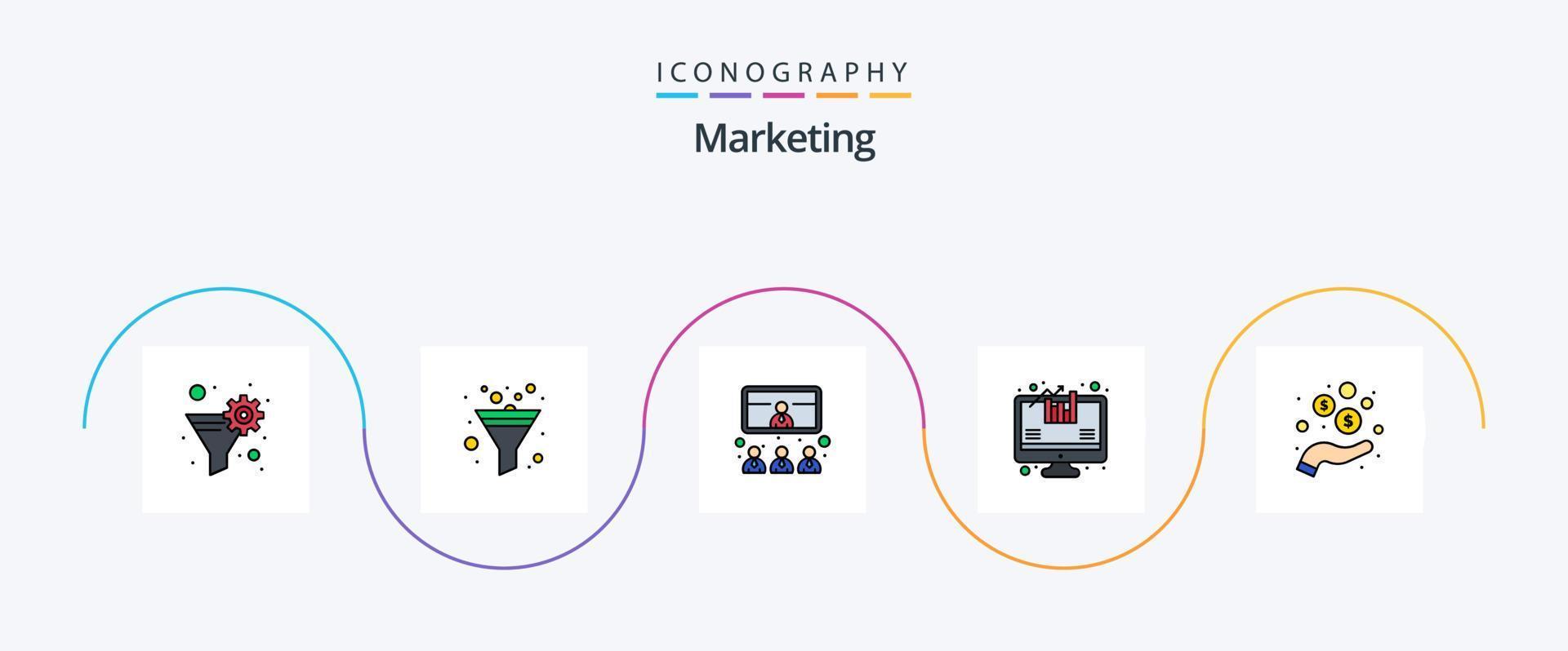 la línea de marketing llenó el paquete de iconos planos 5 que incluye dinero. mano. conferencia. crecimiento. análisis vector