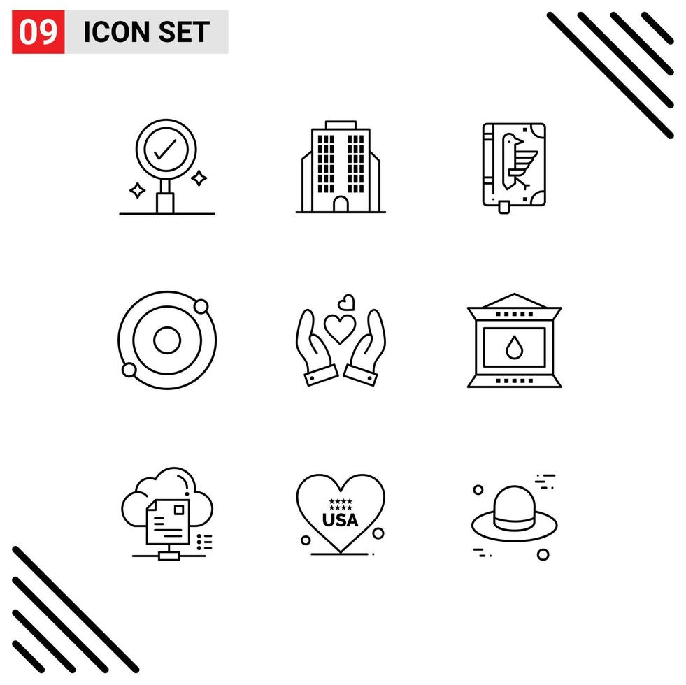 Modern Set of 9 Outlines Pictograph of wedding love constitution hand molecule Editable Vector Design Elements