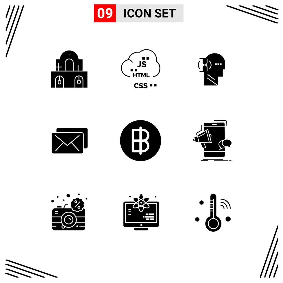 Modern Set of 9 Solid Glyphs and symbols such as currency message development mail male Editable Vector Design Elements
