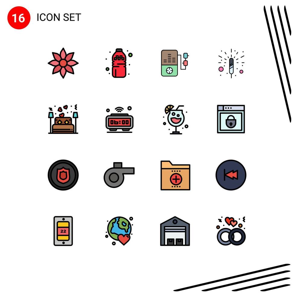 Mobile Interface Flat Color Filled Line Set of 16 Pictograms of lover couple music bed fireworks Editable Creative Vector Design Elements