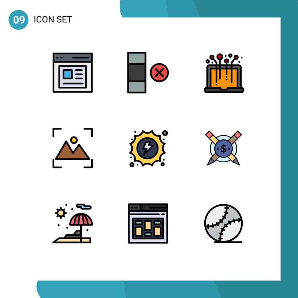 Universal Icon Symbols Group of 9 Modern Filledline Flat Colors of hydro electrical laptop photography focus Editable Vector Design Elements